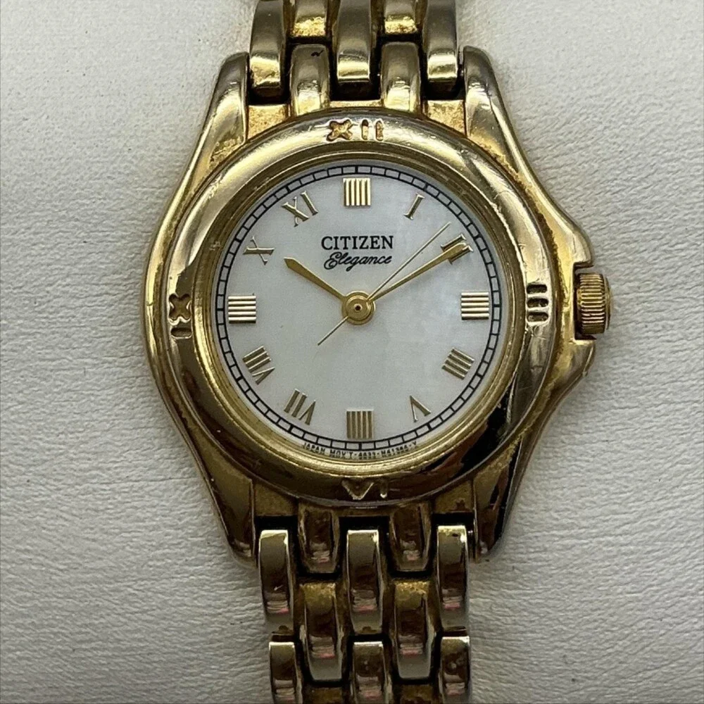 Vintage Citizen Elegance Womens Watch 25mm MOP Gold Tone Band New Battery 6.75